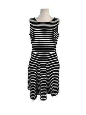 Talbots Large Petite LP Fit Flare Knit Dress Striped Navy Blue Pockets Preppy